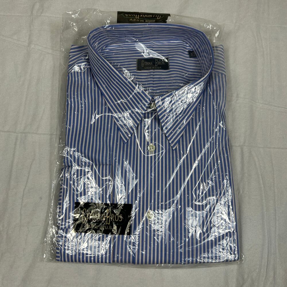 NWT Gitman Bros. Men's 17.5 34 Blue White Bengal Stripe Shirt Made in USA